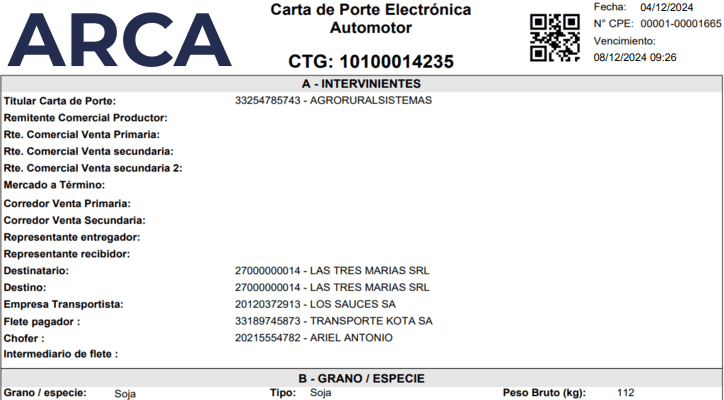 Ejemplo de Carta de Porte Electrónica Automotor emitida por ARCA